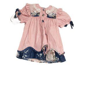Vintage Size 6M Pink Polka Dot Baby Dress With Lace Collar & Floral Hem
